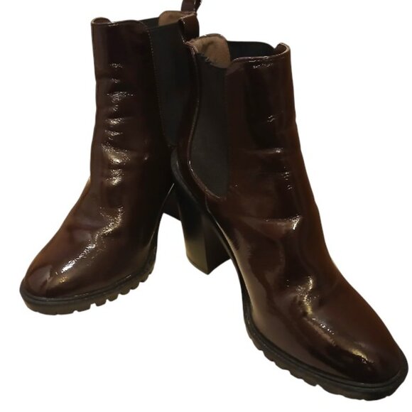 EUC FASHION NOVA Glossy Maroon Leather Lug Sole Platform Heeled Boots - Picture 13 of 16